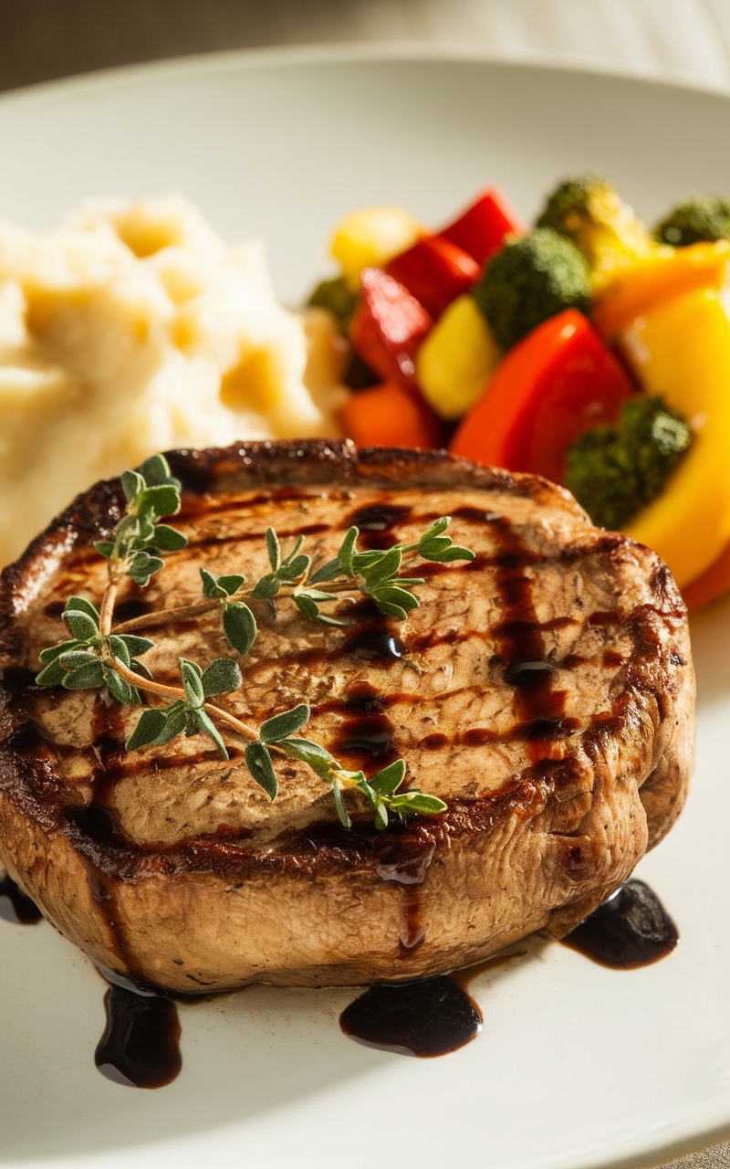 Lion’s mane mushroom steak garnished with thyme and balsamic glaze served with mashed potatoes.